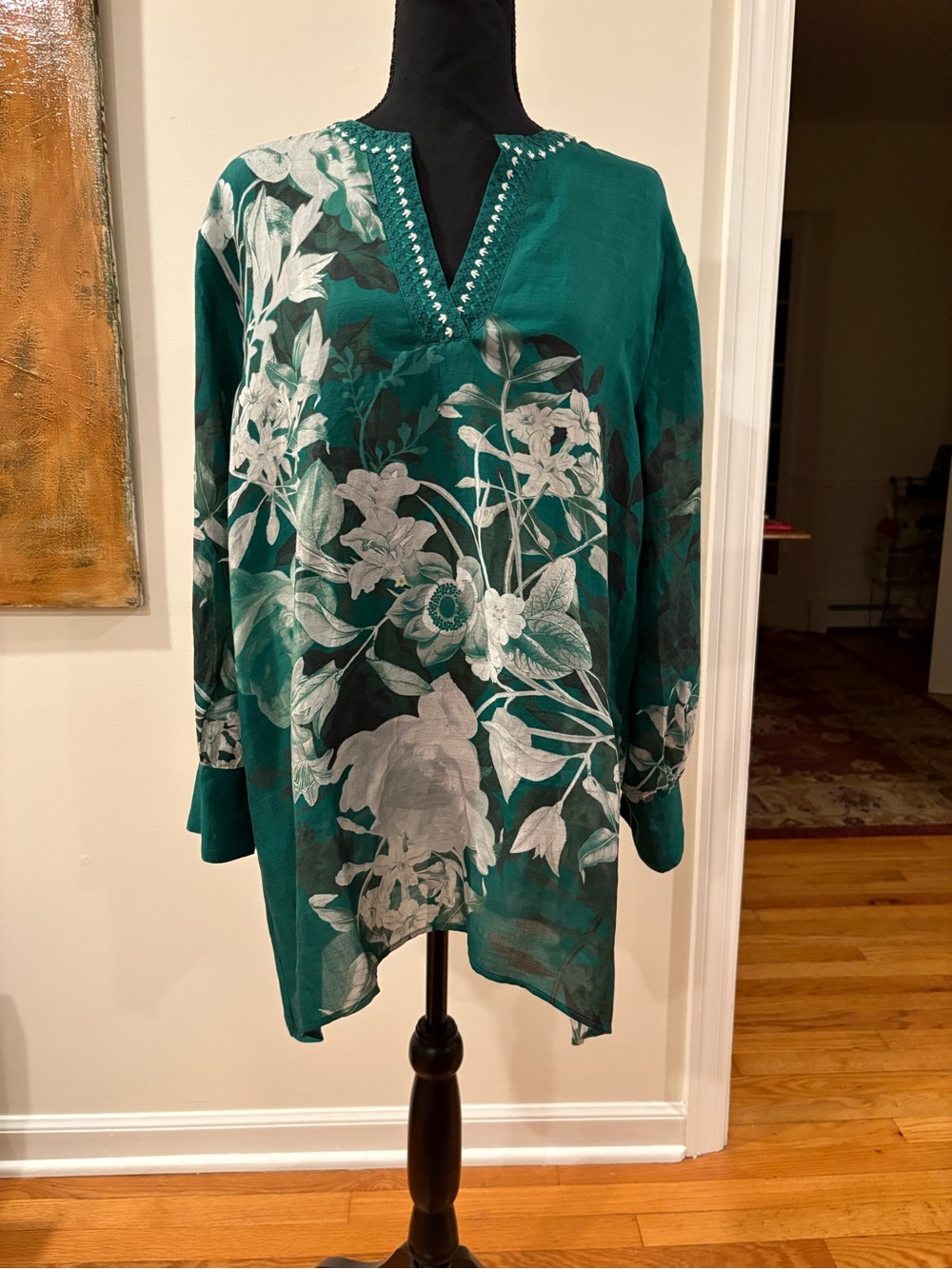 Johnny Was Teal Floral V-Neck Tunic Top
